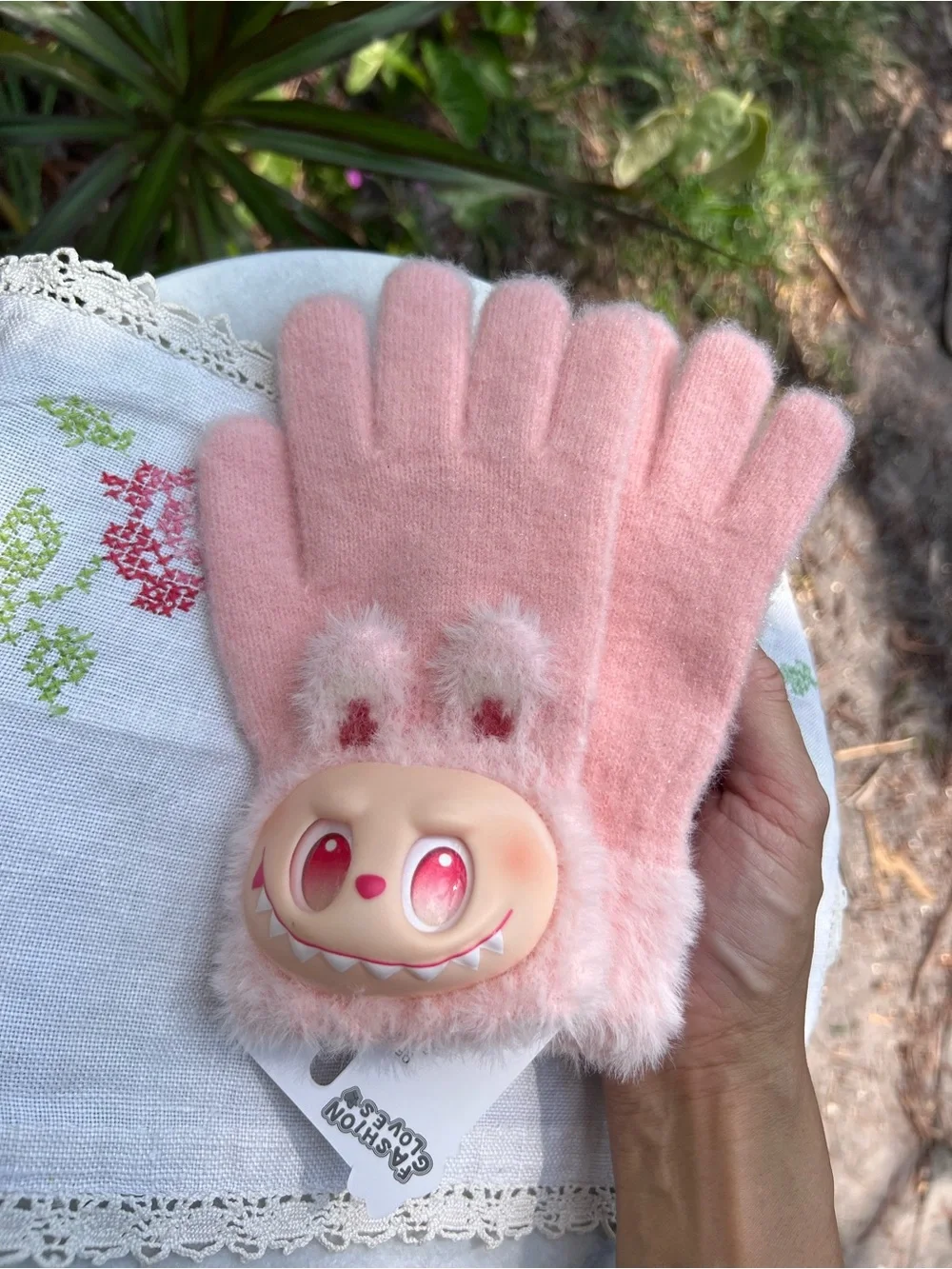 Girls’ Pink Plush Character Mittens with Fuzzy Cuffs